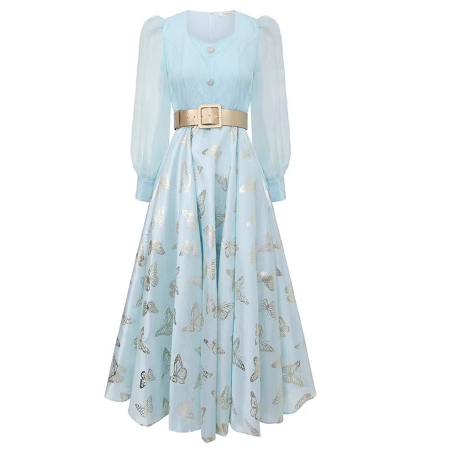 Elegant Princess-Style Chiffon Mesh Square Neck Long Sleeve Dress With Lace-Up Waist & Flared Skirt_ecoleips.com