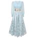 Elegant Princess-Style Chiffon Mesh Square Neck Long Sleeve Dress With Lace-Up Waist & Flared Skirt_ecoleips.com