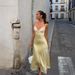 Summer Sweet Style Women's Slim Fit Dress Cream Yellow Lace Trim Elegant And Flattering Satin Texture_ecoleips.com