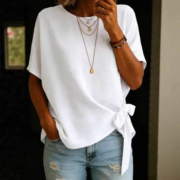 Women's Clothing Solid Color T-Shirt Short Sleeve Knotted Hem Loose Fit Summer Top_ecoleips.com