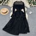 Women's Clothing1 Sense 1 Elegant Dress Female Autumn New Style Tie Waist Lace Splicing Trumpet Sleeve Pleated Long Skirt D_ecoleips.com