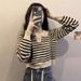 Color Contrast Striped Polo Collar Long Sleeve T-shirt Women's Large Size Spring And Autumn Knit Base Shirt Thin Short Top Winter_ecoleips.com