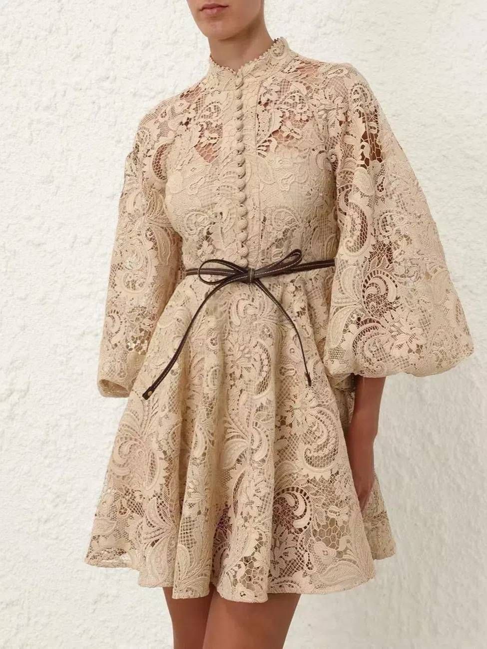 Women's Clothing New French Retro Palace Style Lace Hollow Embroidery Waist Long Sleeved Dress For Women_ecoleips.com