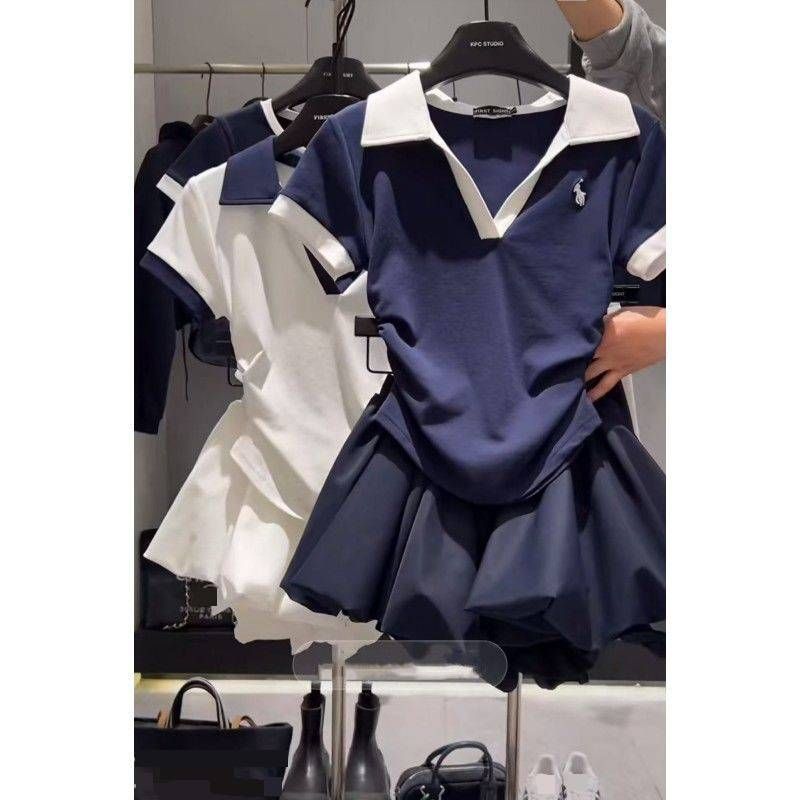 Women's Color Block Short Sleeve Top With Straight Shoulder Cloud Patterned Puffy Culottes Skirt Set For Summer_ecoleips.com
