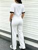 Women's Simple Sport 2-piece Set, Classic Print Colorblock Tee & Stretch Knit Side-stripe Drawstring Wide Leg Pants For Spring Summer Commute & Gym_ecoleips.com