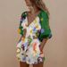 Women's Clothing Two Piece Suit Fashion Casual Cotton And Linen Printed Shorts Suit Puff Sleeves_ecoleips.com