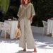 Women's Summer Cotton Linen Two Piece Set V Neck Short Sleeve Top Striped Wide Leg Pants Loose Fit Cross Border Casual Style_ecoleips.com