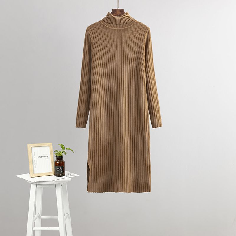 Women's Elegant Knitted Sweater Dress High Neck mid Length Base Dress for Autumn Winter below the Knee_ecoleips.com