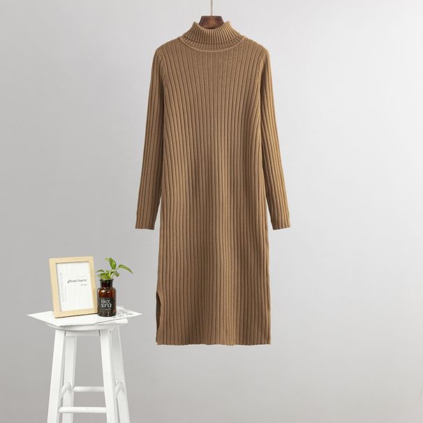 Women's Elegant Knitted Sweater Dress High Neck mid Length Base Dress for Autumn Winter below the Knee_ecoleips.com