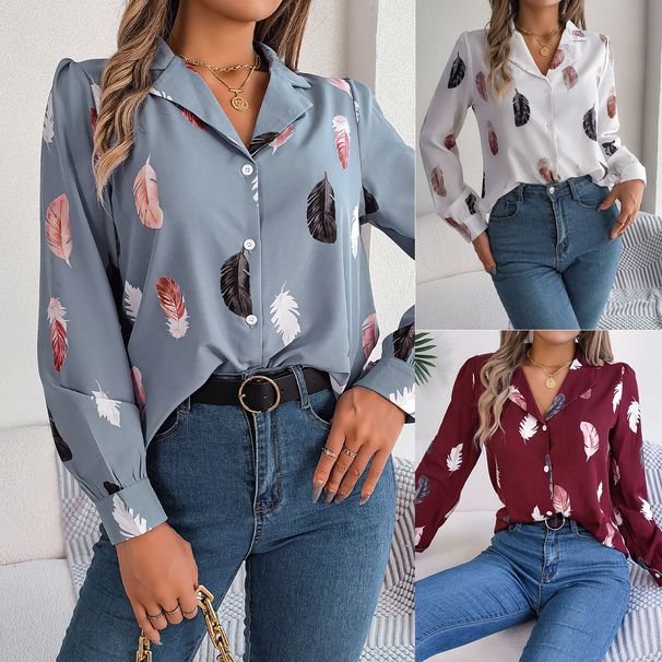 Real Shot Of 2026 Spring/Summer European And American Elegant Feather Print Blazer Collar Long-sleeve Shirt,_ecoleips.com