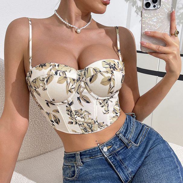 Retro Floral Bustier Top – Lace-Up Corset Style Crop Top With Adjustable Straps (Sheer Mesh, Waist Cinching, Sexy Bralette For Women)_ecoleips.com