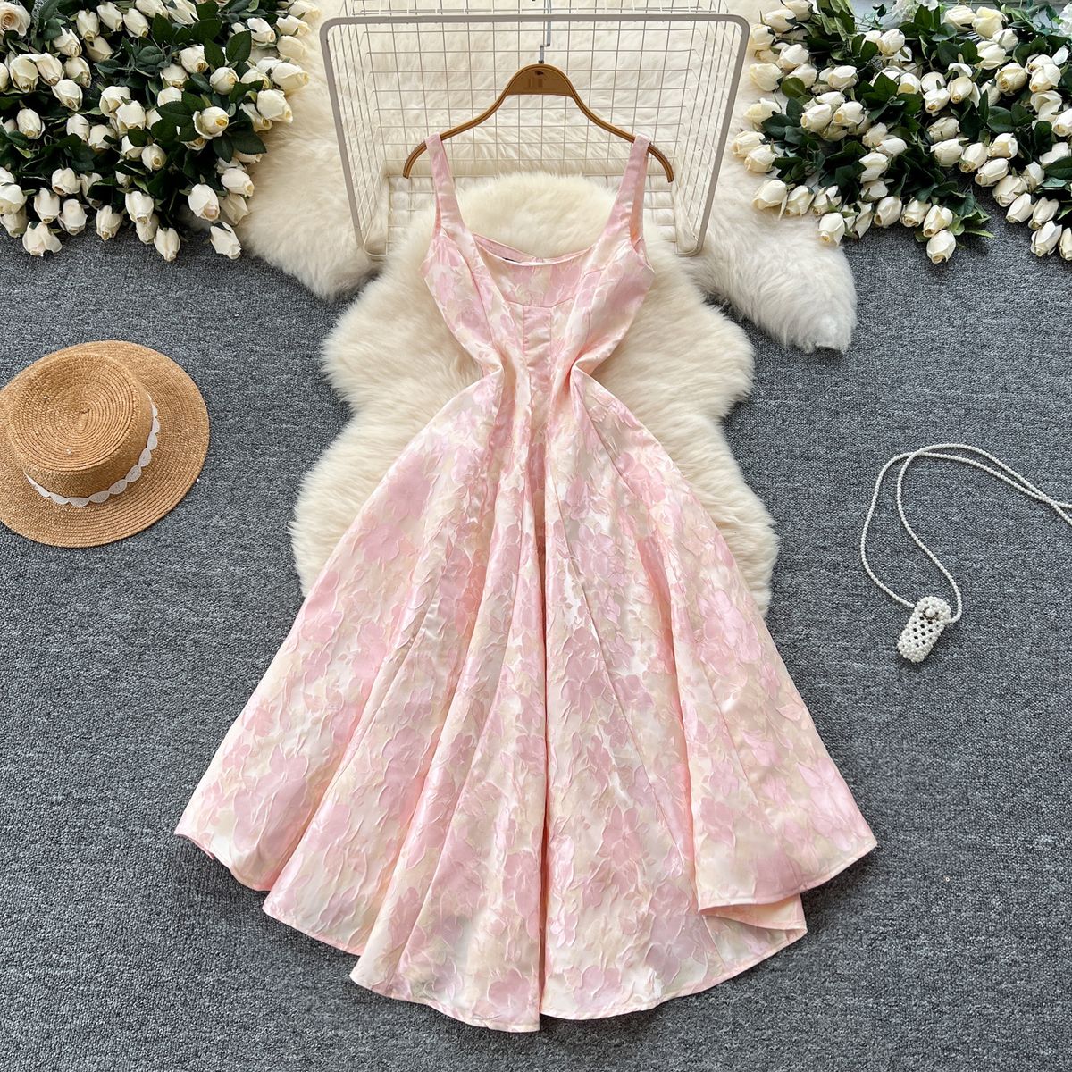 Palace Retro Jacquard Dress - French-Inspired Slim Waist & Fluffy Long Skirt, Elegant Summer Dress For Women_ecoleips.com