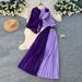 Elegant Sash-Waist Pleated Two-Piece Set – Chic Sleeveless Purple Dress & Skirt Outfit For Fall_ecoleips.com