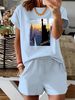 Summer New Pink New York NU Pattern T-shirt, Casual Printed Round Neck Short Sleeved Top With Elastic Waist Pocket, Women's Two-piece Set-289_ecoleips.com