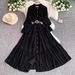 Victorian-Inspired Lace Trim Dress – High Neck Elegant Midi Dress With Flared Sleeves & A-Line Silhouette (5 Colors, One-Size Fits Most)_ecoleips.com