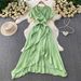 Vacation-Inspired V-Neck Maxi Dress With Waist Tie – Elegant Ruffle Hem & Side Slit, Flowy A-Line Dress For Women, Summer Boho Chic_ecoleips.com