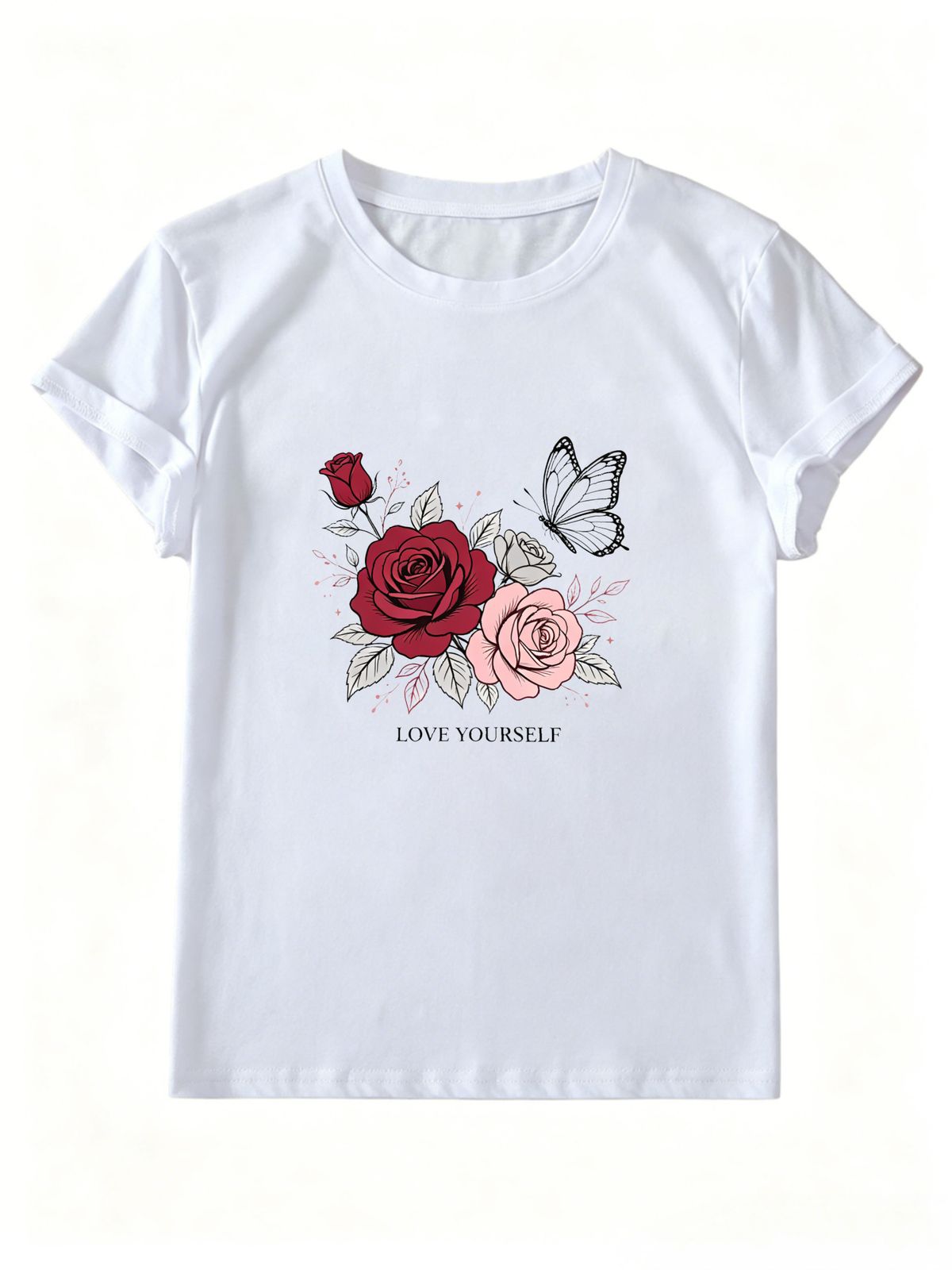 Women Crew Neck Short Sleeve T Shirt Love Yourself Rose Butterfly Floral Graphic Tee Vintage Botanical Loose Casual Summer Streetwear Tops_ecoleips.com