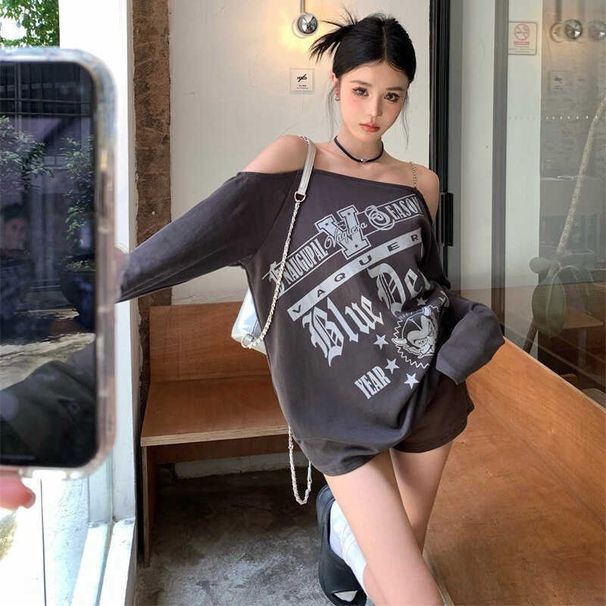 Women's Sexy Off-Shoulder Long Sleeve T-Shirt Loose Fit Slimming Top For Summer Europe & America_ecoleips.com