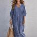 Fashionable Casual Long Dress Striped V Neck Loose Fitting Women's Clothing For American Styles Stylish Relaxed Vacation Wear_ecoleips.com