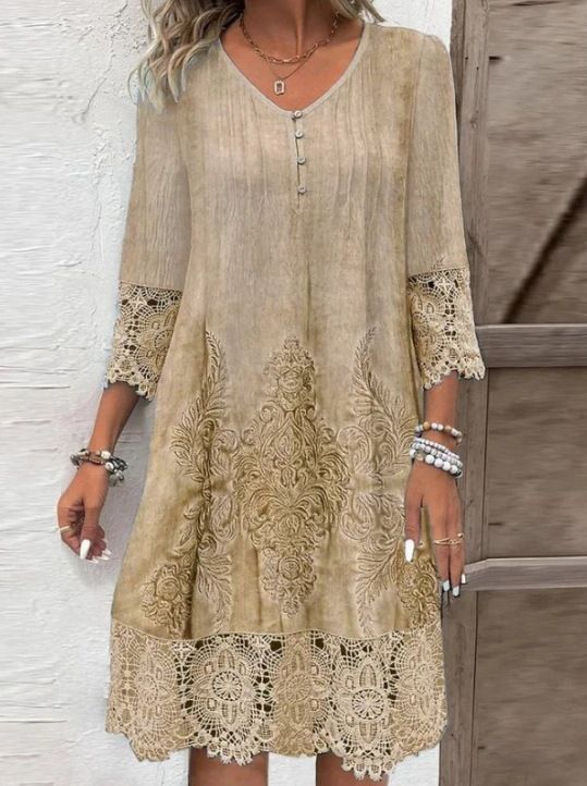 Women's Lace Trim Dress - Spring/Summer Solid Color A-Line V-Neck Flutter Sleeve Dress (Green, Blue, Camel)_ecoleips.com