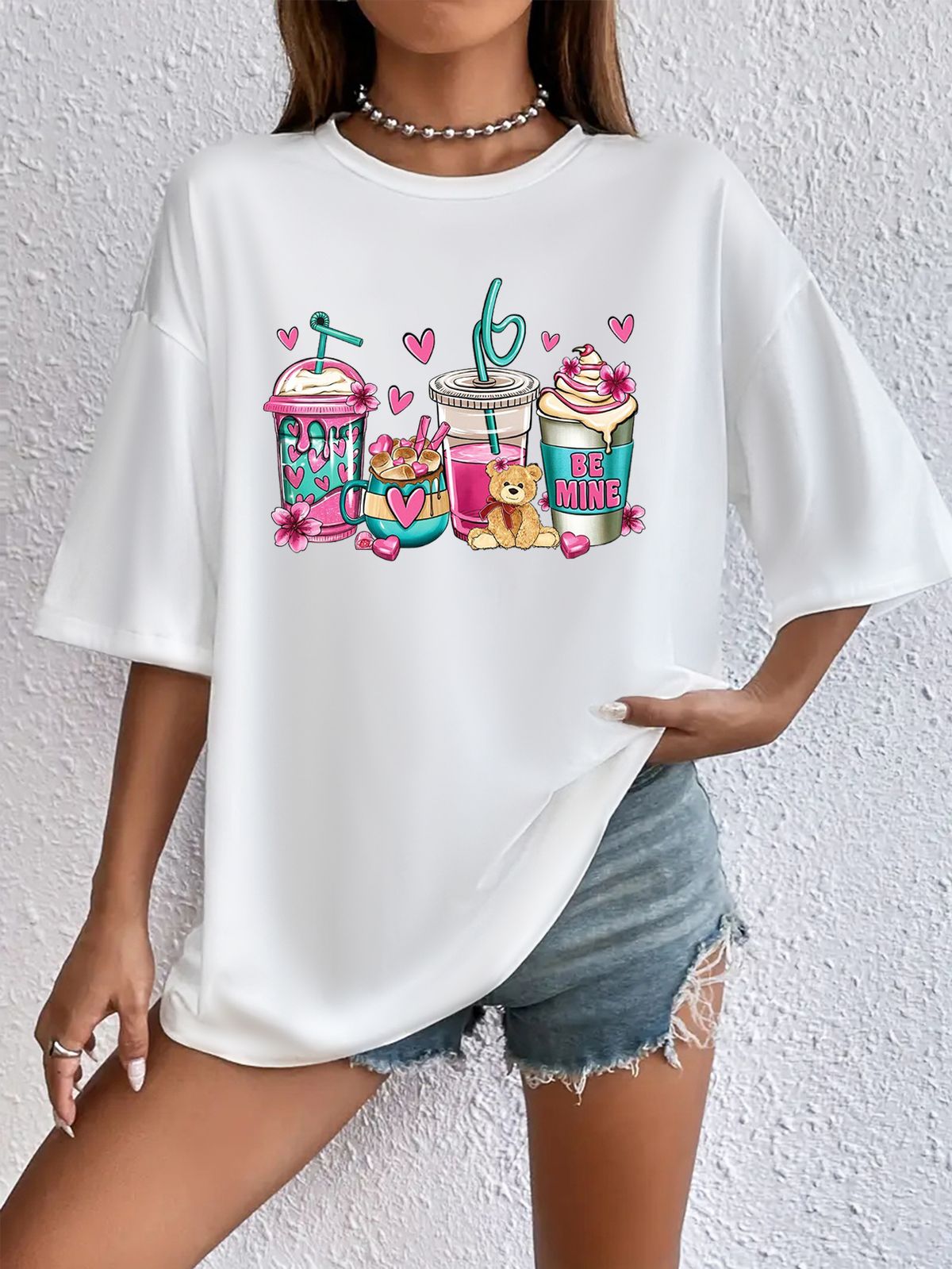 Women's Casual Round Neck T-Shirt Summer Style Versatile Loose Fit Short Sleeve Cartoon Beverage Print Top_ecoleips.com