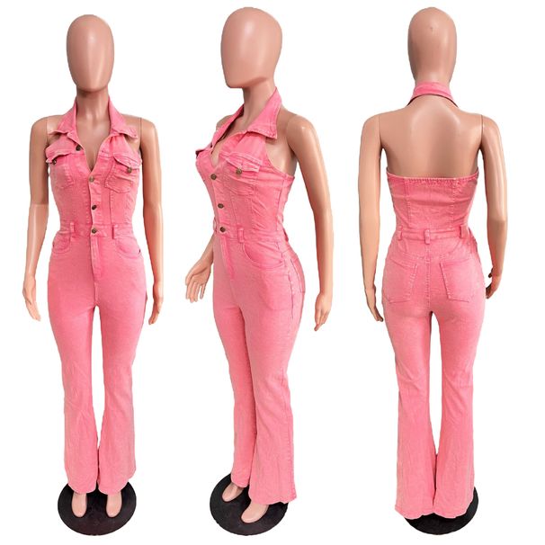 Women's High Elastic Denim Jumpsuit Backless Lapel Sexy European American Fashion Workwear 5091 Cross Border_ecoleips.com