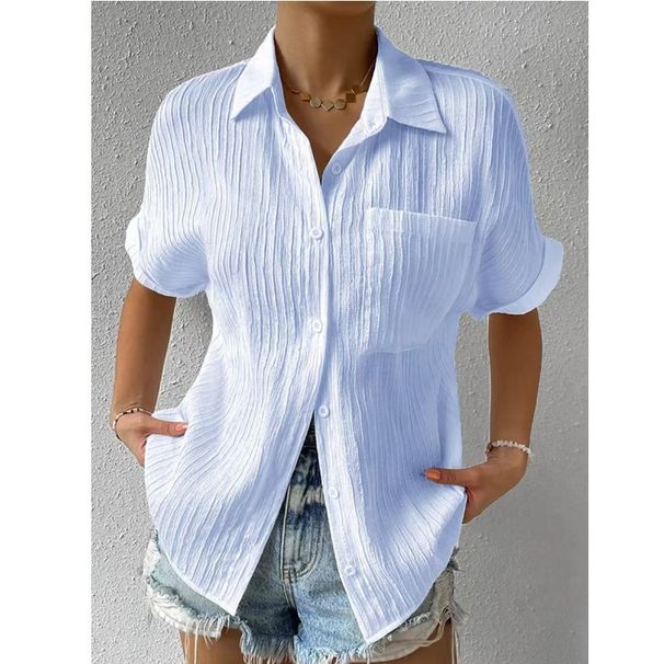 Women's Cardigan-Style Shirt With Annual Patchwork Design, Short-Sleeved Pocketed Shirt In Solid Color, Casual Style Wit_ecoleips.com