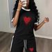 Summer Women's Red Heart Print Two-Piece Set Casual Short-Sleeved Shirt And Shorts Polyester Fashion_ecoleips.com