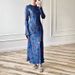Muslim Dress Women Elegant Blue Floral Print A-Line Dress – Slim Fit Princess Style Long Dress With Round Neck & Waist Definition_ecoleips.com