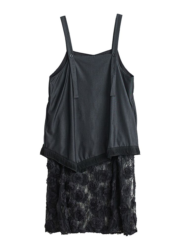 Lace Patchwork Floral Vintage Strap Dresses For Women 2025 Summer New Sleeveless Casual Loose Midi Dress Fashion Elegant Clothes_ecoleips.com