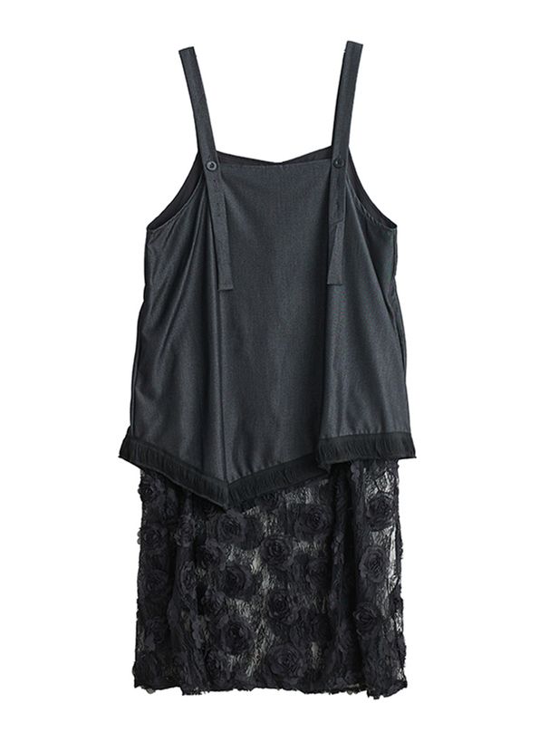 Lace Patchwork Floral Vintage Strap Dresses For Women 2025 Summer New Sleeveless Casual Loose Midi Dress Fashion Elegant Clothes_ecoleips.com