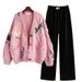 Women’s Clothing Fashion Suit Autumn New Korean Loose V Neck Knitted Sweater Top With Loose Drape Sports Straight Pants_ecoleips.com