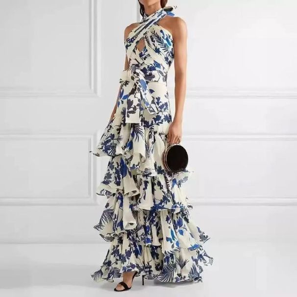 Bohemian Vacation Style Printed Lace Up Lolita Big Swing Dress Women Summer Casual Beach Flowy Long Maxi Dress_ecoleips.com