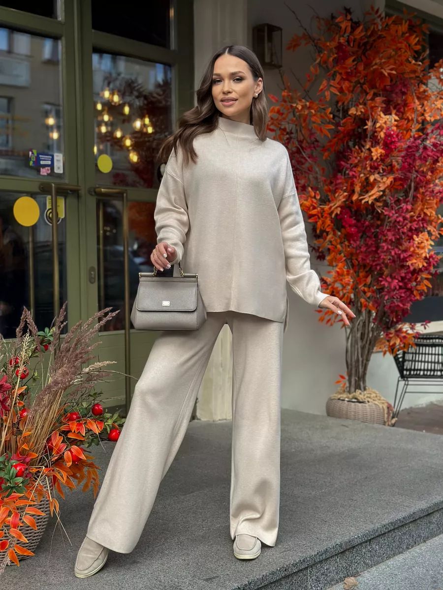 Autumn Winter Russian Sleeve Loose Casual Long Pants Sweater Set For Women With Slit_ecoleips.com