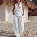 Women's Elegant Two-Piece Set Sleeveless Collared Top Loose Trousers_ecoleips.com