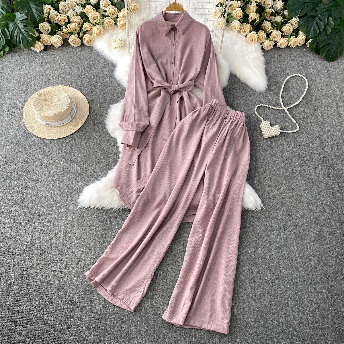 Korean Style Vintage Inspired Women's Clothing Set with Lantern Sleeves High Waisted Slimming Wide Leg Pants Rhinestone Embellishments Single Breasted Shirt_ecoleips.com