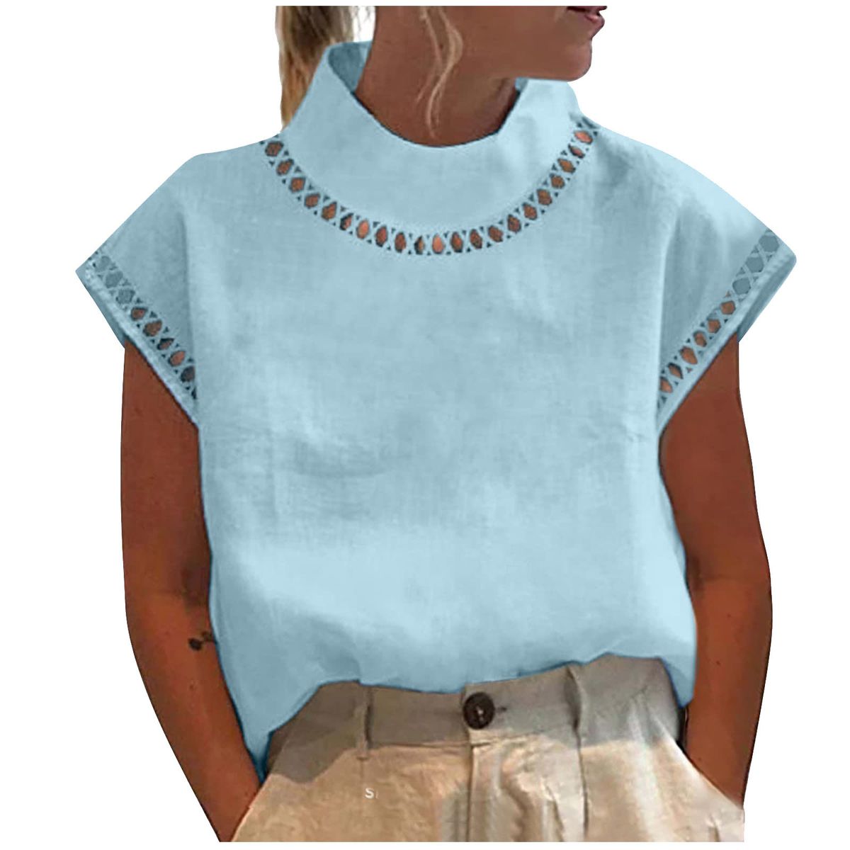 Women's Clothing Women's Spring And Summer Casual Solid Color Hollow Tops Casual High Collar Washed Cotton Lace Breathable T Shirt Women_ecoleips.com