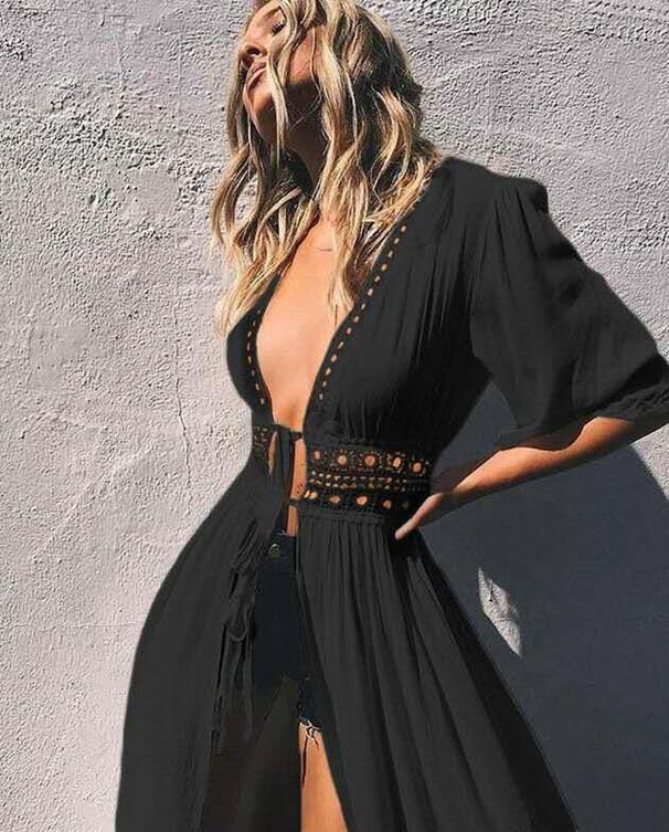 Women's Lace Stitching Long Shawl Cardigan Jacket Bikini European American Style Cross Border Hot Selling 2024_ecoleips.com
