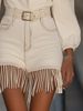 K Western Style V-neck Puffy Sleeve Fringed Dress For Women; Short Skirt With A Belt To Accentuate The Waist; Slimming Faux Denim Dress_ecoleips.com