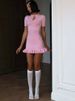 JULISSA MO Knitted Sexy Hollow Out Ruffle Women Dress Pink Short Sleeve Lace Up Dress Female Summer Slim Elegant Party Beachwear_ecoleips.com
