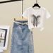 Women's Clothing new slim fit bow short sleeve + hot diamond split denim skirt ins_ecoleips.com