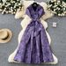 Women's Clothing Summer Strap Waist Lapel Short Sleeve Jacquard Swing Elegant Long Skirt_ecoleips.com