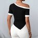 European And American Women's Casual Daily Black And White Contrasting Slanted Shoulder Slim Fit Short Sleeved Top With Irregular Hem_ecoleips.com