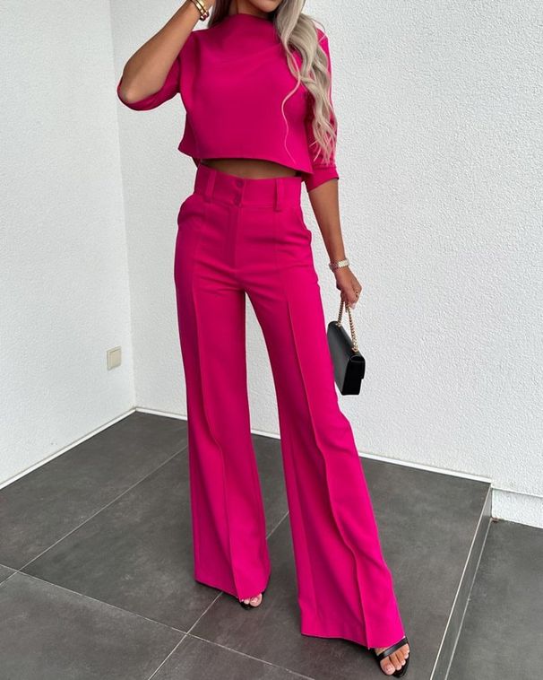 Women's Clothing Solid Color Commuting Temperament Mid Sleeve Navel Exposed Top High Waist Wide Leg Trousers Suit_ecoleips.com