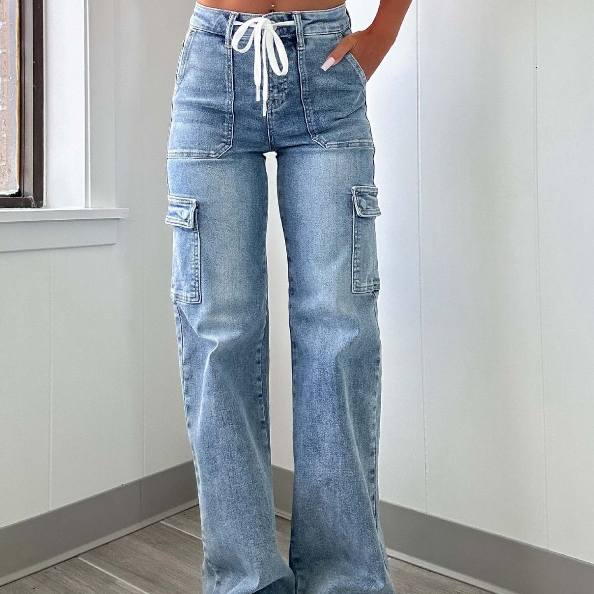 Women's Clothing Straight Jeans Casual Lace Up Multi Pocket Functional Overalls_ecoleips.com