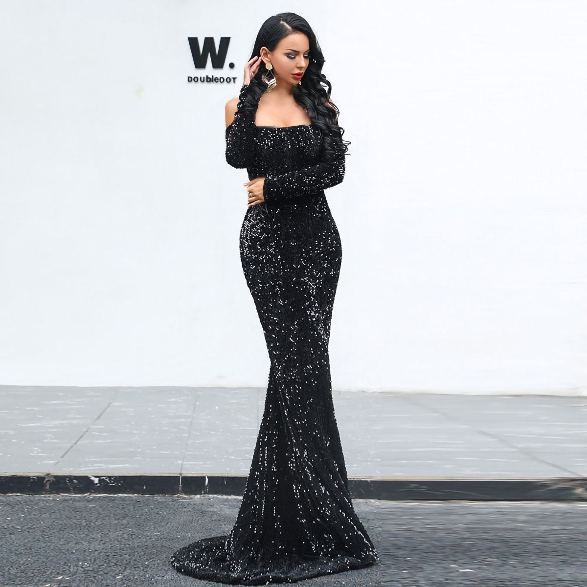 Women's sexy tube top one-shoulder long-sleeved sequined party floor-length evening dress for women_ecoleips.com
