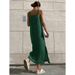 Summer Long Dress For Women With Green Cotton-Linen Loose-Fitting Skirt And Split-Backed Braided Straps_ecoleips.com