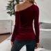 Women's Clothing autumn and winter new women's clothing sexy off shoulder oblique collar slim velvet long sleeved solid color cocktail top_ecoleips.com