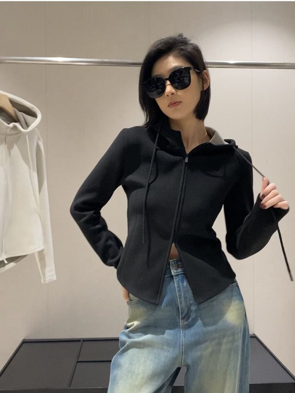 LU Series ~ Graphene Heating And Warmth ~ Super Flattering Slim Waist, Tailored, Fitted Hooded Double Zip Sweatshirt Jacket_ecoleips.com