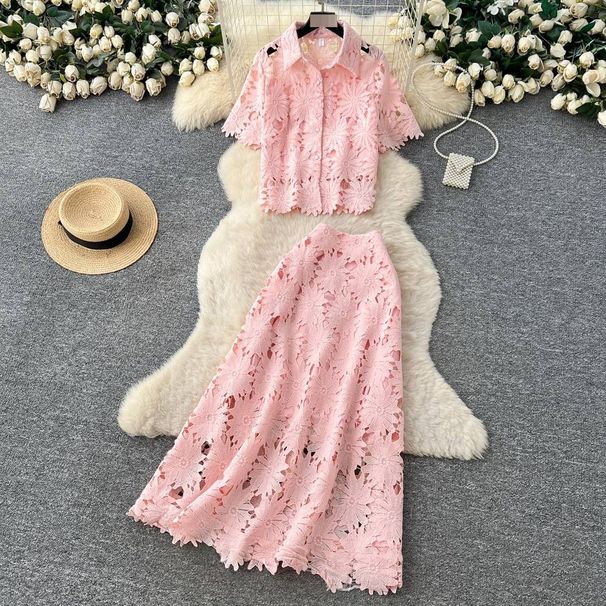 Elegant French Lace Outfit Set Women's Spring Autumn Fashion Office Wear Short Sleeve Top With High Waist Skirt_ecoleips.com